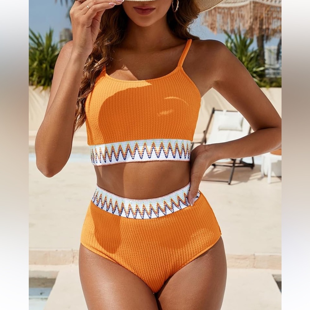 Orange and White Ribbed High-Waisted Bikini